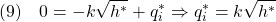 \displaystyle{(9)\quad 0=-k\sqrt{h^*}+q_i^*\Rightarrow q_i^*=k\sqrt{h^*}}