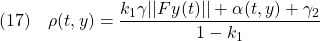 \displaystyle{(17)\quad  \rho(t,y)=\frac{k_1\gamma||Fy(t)||+\alpha(t,y)+\gamma_2}{1-k_1} }