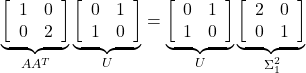 \begin{equation*} \underbrace{ \left[\begin{array}{cc} 1 & 0 \\ 0 & 2 \end{array}\right] }_{AA^T} \underbrace{ \left[\begin{array}{cc} 0 & 1 \\ 1 & 0 \end{array}\right] }_{U} = \underbrace{ \left[\begin{array}{cc} 0 & 1 \\ 1 & 0 \end{array}\right] }_{U} \underbrace{ \left[\begin{array}{cc} 2 & 0 \\ 0 & 1 \end{array}\right] }_{\Sigma_1^2} \end{equation*}