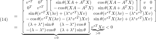 \displaystyle{(14) \begin{array}{lll} &&\left[\begin{array}{cc} v^{*T} & 0^{T}\\ 0^{T} & v^{*T} \end{array}\right] \left[\begin{array}{cc} \sin\theta(XA+A^TX) & \cos\theta(XA-A^TX) \\ -\cos\theta(XA-A^TX) & \sin\theta(XA+A^TX) \end{array}\right] \left[\begin{array}{cc} v & 0\\ 0 & v \end{array}\right] \nonumber\\ &=& \left[\begin{array}{cc} \sin\theta(v^{*T}X(\lambda v)+(\lambda^*v^{*T})Xv) & \cos\theta(v^{*T}X(\lambda v)-(\lambda^*v^{*T})Xv) \\ -\cos\theta(v^{*T}X(\lambda v)-(\lambda^*v^{*T})Xv) & \sin\theta(v^{*T}X(\lambda v)+(\lambda^*v^{*T})Xv) \end{array}\right] \nonumber\\ &=& \underbrace{ \left[\begin{array}{cc} (\lambda+\lambda^*)\sin\theta & (\lambda-\lambda^*)\cos\theta \\ -(\lambda-\lambda^*)\cos\theta & (\lambda+\lambda^*)\sin\theta \end{array}\right] }_{<0} \underbrace{v^{*T}Xv}_{>0}<0 \nonumber \end{array} }