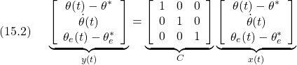 \displaystyle{(15.2)\quad \begin{array}{l} \underbrace{ \left[\begin{array}{c} \theta(t)-\theta^*\\ \dot{\theta}(t)\\ \theta_e(t)-\theta_e^* \end{array}\right] }_{y(t)} = \underbrace{ \left[\begin{array}{ccccc} 1 & 0 & 0  \\ 0 & 1 & 0 \\  0 & 0 & 1  \end{array}\right] }_{C} \underbrace{ \left[\begin{array}{c} \theta(t)-\theta^*\\ \dot{\theta}(t)\\ \theta_e(t)-\theta_e^* \end{array}\right] }_{x(t)} \end{array}}