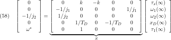 \displaystyle{(58)\quad \left[\begin{array}{c} 0\\ 0\\ -1/j_2\\ 0\\ \omega^* \end{array}\right] = \underbrace{ \left[\begin{array}{ccccc} 0 & k & -k & 0& 0\\ -1/j_1 & 0 & 0& 0& 1/j_1 \\ 1/j_2 & 0 & 0& 0& 0\\ 0 & 1/T_D & 0 & -1/T_D& 0\\ 0 & 1 & 0 & 0& 0 \end{array}\right] }_{S} \left[\begin{array}{c} \tau_s(\infty)\\ \omega_1(\infty)\\ \omega_2(\infty)\\ x_{D}(\infty)\\ \tau_1(\infty) \end{array}\right] }