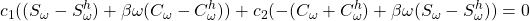 \displaystyle{c_1((S_{\omega}-S^h_{\omega})+\beta\omega(C_{\omega}-C^h_{\omega}))+c_2(-(C_{\omega}+C^h_{\omega})+\beta\omega(S_{\omega}-S^h_{\omega}))=0}