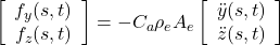 \displaystyle{ \left[\begin{array}{c} f_y(s,t) \\ f_z(s,t) \end{array}\right] =-C_a\rho_eA_e \left[\begin{array}{c} \ddot{y}(s,t) \\ \ddot{z}(s,t) \end{array}\right] }