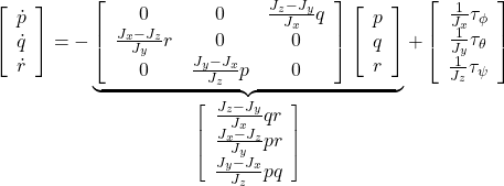 \displaystyle{ \left[\begin{array}{c} \dot{p}\\ \dot{q}\\ \dot{r} \end{array}\right] =- \underbrace{ \left[\begin{array}{ccc} 0 & 0 & \frac{J_z-J_y}{J_x}q\\ \frac{J_x-J_z}{J_y} r & 0 & 0\\ 0 & \frac{J_y-J_x}{J_z}p & 0 \end{array}\right] \left[\begin{array}{c} p\\ q\\ r \end{array}\right] }_{ \left[\begin{array}{c} \frac{J_z-J_y}{J_x}qr \\ \frac{J_x-J_z}{J_y}pr \\ \frac{J_y-J_x}{J_z}pq \end{array}\right] } + \left[\begin{array}{c} \frac{1}{J_x}\tau_\phi\\ \frac{1}{J_y}\tau_\theta\\ \frac{1}{J_z}\tau_\psi \end{array}\right] }