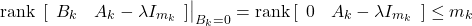 \begin{equation*} {\rm rank}\, \left. [\begin{array}{cc} B_k & A_k-\lambda I_{m_k} \end{array}] \right|_{B_k=0} = {\rm rank}\, [\begin{array}{cc} 0 & A_k-\lambda I_{m_k} \end{array}] \le m_k \end{equation*}