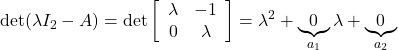 \displaystyle{ {\rm det}(\lambda I_2-A)= {\rm det}\left[\begin{array}{cc} \lambda & -1 \\ 0 & \lambda \end{array}\right] =\lambda^2+\underbrace{0}_{a_1}\lambda+\underbrace{0}_{a_2} }