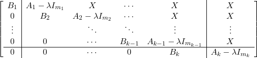 \begin{equation*} \left[\begin{array}{c|cccc|c} B_1 & A_1-\lambda I_{m_1} & X      & \cdots  & X       & X \\ 0   & B_2 & A_2-\lambda I_{m_2}    & \cdots  & X       & X \\ \vdots &     & \ddots & \ddots  & \vdots  & \vdots \\ 0   & 0   & \cdots & B_{k-1} & A_{k-1}-\lambda I_{m_{k-1}} & X  \\ \hline 0   & 0   & \cdots & 0       & B_k     & A_k-\lambda I_{m_k} \end{array}\right] \end{equation*}