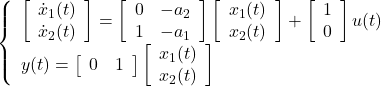 \displaystyle{ \left\{\begin{array}{l} \left[\begin{array}{c} \dot{x}_1(t) \\ \dot{x}_2(t) \end{array}\right] = \left[\begin{array}{cc} 0 & -a_2 \\ 1 & -a_1 \end{array}\right] \left[\begin{array}{c} x_1(t) \\ x_2(t) \end{array}\right] + \left[\begin{array}{c} 1 \\ 0 \end{array}\right] u(t) \nonumber \\ y(t)= \left[\begin{array}{cc} 0 & 1 \end{array}\right] \left[\begin{array}{c} x_1(t) \\ x_2(t) \end{array}\right] \end{array}\right. }