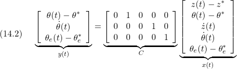 \displaystyle{(14.2)\quad \begin{array}{l} \underbrace{ \left[\begin{array}{c} \theta(t)-\theta^*\\ \dot{\theta}(t)\\ \theta_e(t)-\theta_e^* \end{array}\right] }_{y(t)} = \underbrace{ \left[\begin{array}{ccccc} 0 & 1 & 0 & 0 & 0 \\ 0 & 0 & 0 & 1 & 0 \\  0 & 0 & 0 & 0 & 1  \end{array}\right] }_{C} \underbrace{ \left[\begin{array}{c} z(t)-z^*\\ \theta(t)-\theta^*\\ \dot{z}(t)\\ \dot{\theta}(t)\\ \theta_e(t)-\theta_e^* \end{array}\right] }_{x(t)} \end{array}}