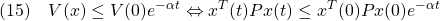 \displaystyle{(15)\quad V(x)\le V(0)e^{-\alpha t} \Leftrightarrow x^T(t)Px(t)\le x^T(0)Px(0)e^{-\alpha t} }