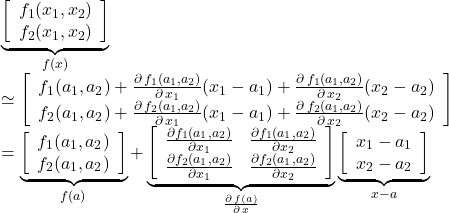  \begin{array}{lll} \underbrace{ \left[\begin{array}{cc} f_1(x_1,x_2)\\ f_2(x_1,x_2) \end{array}\right] }_{f(x)}\nonumber\\ \simeq \left[\begin{array}{cc} f_1(a_1,a_2)+\frac{\partial\,f_1(a_1,a_2)}{\partial\,x_1}(x_1-a_1)+\frac{\partial\,f_1(a_1,a_2)}{\partial\,x_2}(x_2-a_2)\\ f_2(a_1,a_2)+\frac{\partial\,f_2(a_1,a_2)}{\partial\,x_1}(x_1-a_1)+\frac{\partial\,f_2(a_1,a_2)}{\partial\,x_2}(x_2-a_2) \end{array}\right]\nonumber\\ = \underbrace{ \left[\begin{array}{cc} f_1(a_1,a_2)\\ f_2(a_1,a_2) \end{array}\right] }_{f(a)} + \underbrace{ \left[\begin{array}{cc} \frac{\partial f_1(a_1,a_2)}{\partial x_1}&\frac{\partial f_1(a_1,a_2)}{\partial x_2}\\ \frac{\partial f_2(a_1,a_2)}{\partial x_1}&\frac{\partial f_2(a_1,a_2)}{\partial x_2} \end{array}\right] }_{\frac{\partial\,f(a)}{\partial\,x}} \underbrace{ \left[\begin{array}{cc} x_1-a_1\\ x_2-a_2\nonumber \end{array}\right] }_{x-a}\nonumber \end{array} 