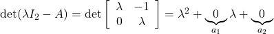 {\rm det}(\lambda I_2-A)= {\rm det}\left[\begin{array}{cc} \lambda & -1 \\ 0 & \lambda \end{array}\right] =\lambda^2+\underbrace{0}_{a_1}\lambda+\underbrace{0}_{a_2}