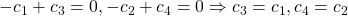 \displaystyle{-c_1+c_3=0, -c_2+c_4=0 \Rightarrow c_3=c_1, c_4=c_2}