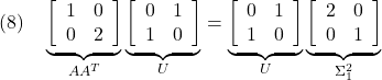 \displaystyle{(8)\quad \underbrace{ \left[\begin{array}{cc} 1 & 0 \\ 0 & 2 \end{array}\right] }_{AA^T} \underbrace{ \left[\begin{array}{cc} 0 & 1 \\ 1 & 0 \end{array}\right] }_{U} = \underbrace{ \left[\begin{array}{cc} 0 & 1 \\ 1 & 0 \end{array}\right] }_{U} \underbrace{ \left[\begin{array}{cc} 2 & 0 \\ 0 & 1 \end{array}\right] }_{\Sigma_1^2} }