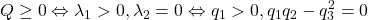 \displaystyle{ Q\ge0 \Leftrightarrow \lambda_1>0,\lambda_2=0 \Leftrightarrow q_1>0,q_1q_2-q_3^2=0 }