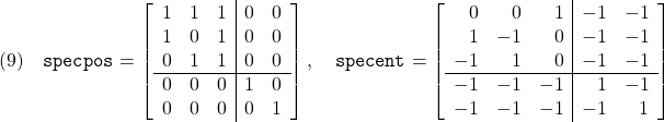 \displaystyle{(9)\quad {\tt specpos}= \left[\begin{array}{ccc|cc} 1 & 1 & 1 & 0 & 0\\ 1 & 0 & 1 & 0 & 0\\ 0 & 1 & 1 & 0 & 0\\\hline 0 & 0 & 0 & 1 & 0\\ 0 & 0 & 0 & 0 & 1\\ \end{array}\right],\quad {\tt specent}= \left[\begin{array}{rrr|rr} 0 & 0 & 1 & -1 & -1\\ 1 & -1 & 0 & -1 & -1\\ -1 & 1 & 0 & -1 & -1\\\hline -1 & -1 & -1 & 1 & -1\\ -1 & -1 & -1 & -1 & 1\\ \end{array}\right] }