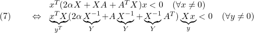 \displaystyle{(7)\quad \begin{array}{lll} && x^T(2\alpha X+XA+A^TX)x<0\quad (\forall x\ne0) \nonumber\\ &\Leftrightarrow& \underbrace{x^TX}_{y^T} (2\alpha \underbrace{X^{-1}}_{Y}+A\underbrace{X^{-1}}_{Y}+\underbrace{X^{-1}}_{Y}A^T) \underbrace{Xx}_y<0\quad (\forall y\ne0) \nonumber \end{array} }