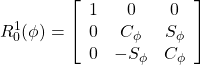 \displaystyle{ R_0^1(\phi)= \left[\begin{array}{ccc} 1 & 0 & 0 \\ 0 & C_\phi & S_\phi \\ 0 & -S_\phi & C_\phi \end{array}\right] }