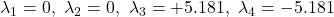 \lambda_1=0,\ \lambda_2=0,\ \lambda_3=+5.181,\ \lambda_4=-5.181