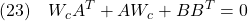 \displaystyle{(23)\quad W_cA^T+AW_c+BB^T=0 }