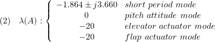 \displaystyle{(2)\quad \lambda(A):\left\{\begin{array}{cl} -1.864\pm j 3.660 & short\ period\ mode\\ 0 & pitch\ attitude\ mode\\ -20 & elevator\ actuator\ mode\\ -20 & flap\ actuator\ mode \end{array}\right. }