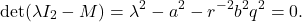 \begin{eqnarray*} {\rm det}(\lambda I_2-M)=\lambda^2-a^2-r^{-2}b^2q^2=0. \end{eqnarray*}