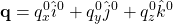 \displaystyle{{\bf q}=q_x^0\hat{i}^0+q_y^0\hat{j}^0+q_z^0\hat{k}^0}